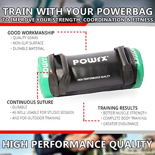 POWRX Sandbag 25 kg - Perfecta para mejorar equilibrio, fuerza y coordinación - Power bag con cuatro agarres + PDF workout (Verde)