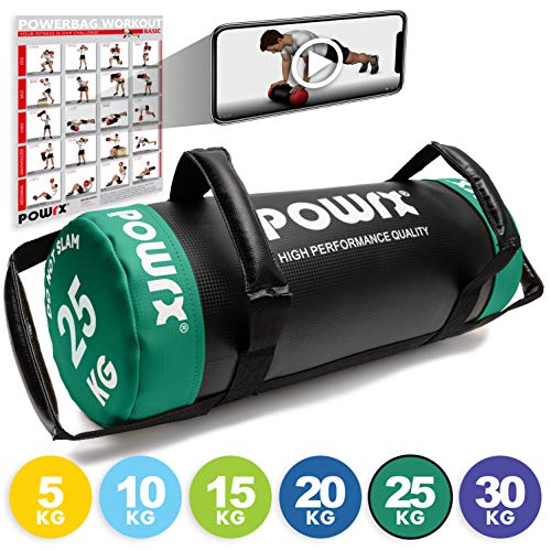 POWRX Sandbag 25 kg - Perfecta para mejorar equilibrio, fuerza y coordinación - Power bag con cuatro agarres + PDF workout (Verde)