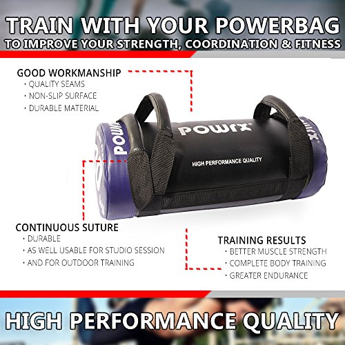 POWRX Sandbag de 5 a 30 kg - Perfecta para mejorar equilibrio, fuerza y coordinación - Power bag con cuatro agarres + PDF workout (30 kg / Violeta)