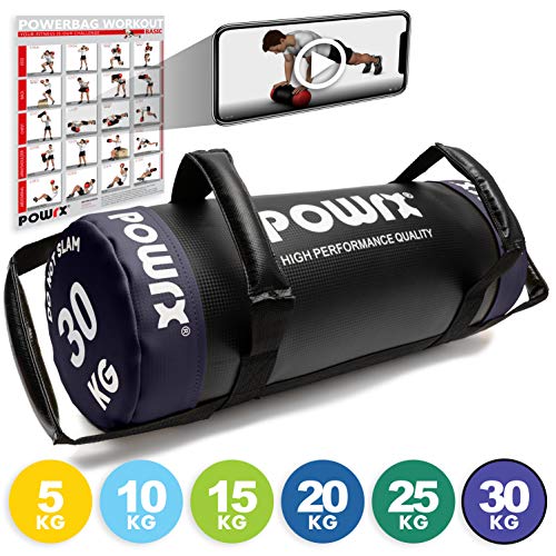 POWRX Sandbag de 5 a 30 kg - Perfecta para mejorar equilibrio, fuerza y coordinación - Power bag con cuatro agarres + PDF workout (30 kg / Violeta)