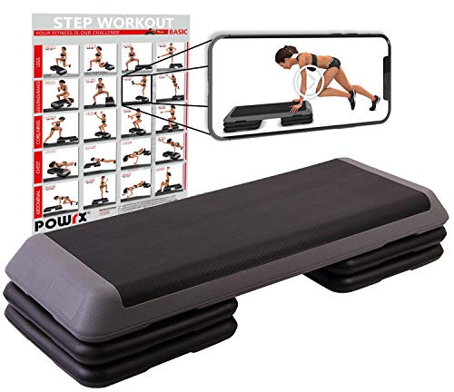 POWRX Step fitness/aeróbic escalón XXL (110 x 42 cm) - Stepper gimnasio ideal para ejercicios de Body Pump - Altura regulable y superficie antideslizante + PDF workout (Negro/Gris)