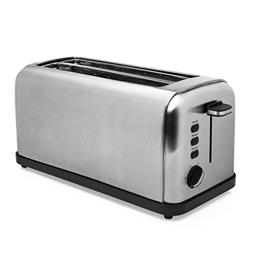 Princess 142389 - Tostadora de doble ranura larga, 1500 W, 6 grados de tostado, Función de descongelado, Bandeja migas extraíble, Acero inoxidable, color plata [Clase de eficiencia energética A+++]