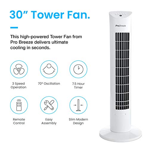 Pro Breeze Ventilador de Torre Oscilante - 60W con Temporizador y Mando a Distancia, Oscilación de 70° y 3 Modos de Funcionamiento - Altura de 76 cm