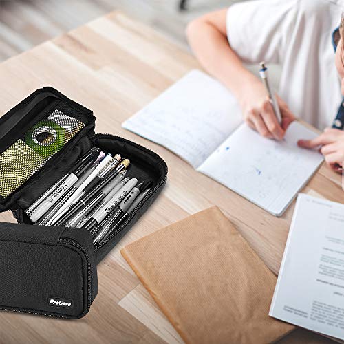 ProCase Estuche Escolar de Gran Capacidad, Bolsa de Lápiz Portable Estuche Organizador para Material Papelería con Cremallera Doble para Hombre Mujer Estudiante en Escuela Oficina –Negro