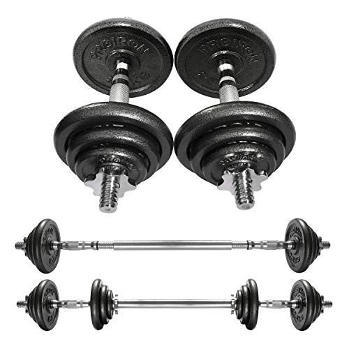 PROIRON Mancuernas ajustables 20kg conjunto con pesas barra y discos, convertido en perfecta haltera para culturismo, aptitud, halterofilia, ejercicios de gimnasio doméstico, banco de pesas