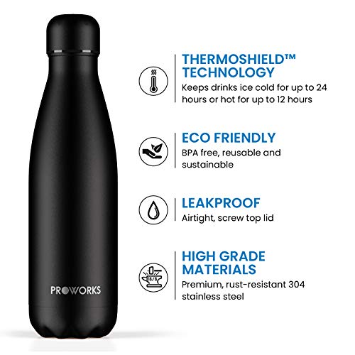 Proworks Botellas de Agua Deportiva de Acero Inoxidable | Cantimplora Termo con Doble Aislamiento para 12 Horas de Bebida Caliente y 24 Horas de Bebida Fría - Libre de BPA - 1L - Todo Negro