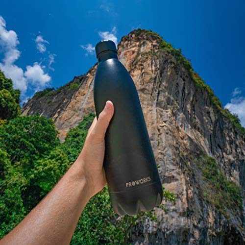 Proworks Botellas de Agua Deportiva de Acero Inoxidable | Cantimplora Termo con Doble Aislamiento para 12 Horas de Bebida Caliente y 24 Horas de Bebida Fría - Libre de BPA - 1L - Todo Negro