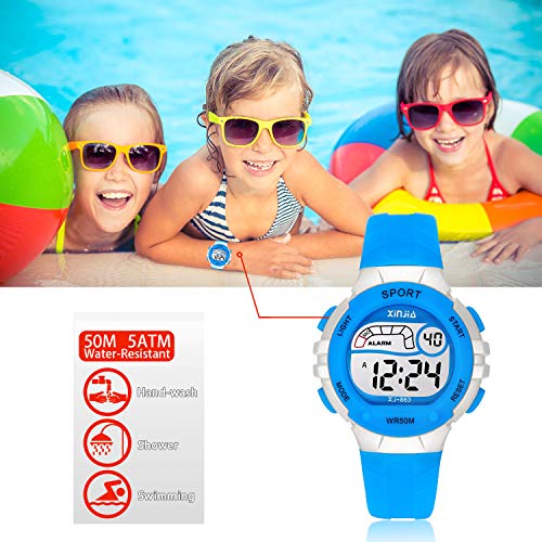 Reloj Digital para Niños Niña,Chicos Chicas 50M(5ATM) Impermeabl Deportes al Aire Libre LED Multifuncionales Relojes de Pulsera con Alarma para Niños,Niñas(Azul)