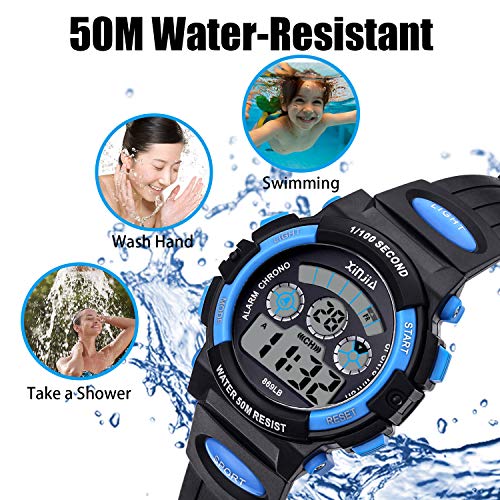 Reloj Digital para Niños,Niños Niñas 50M (5ATM) Impermeable 7 Colores LED Relojes Deportivos Multifuncionales para Exteriores con Alarma (Negro Azul)