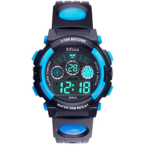 Reloj Digital para Niños,Niños Niñas 50M (5ATM) Impermeable 7 Colores LED Relojes Deportivos Multifuncionales para Exteriores con Alarma (Negro Azul)