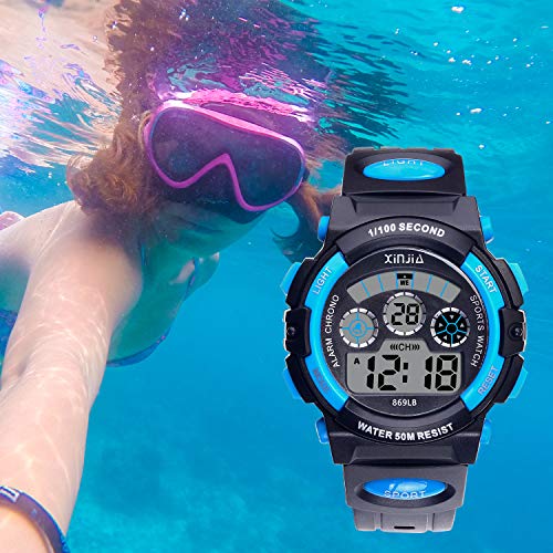 Reloj Digital para Niños,Niños Niñas 50M (5ATM) Impermeable 7 Colores LED Relojes Deportivos Multifuncionales para Exteriores con Alarma (Negro Azul)