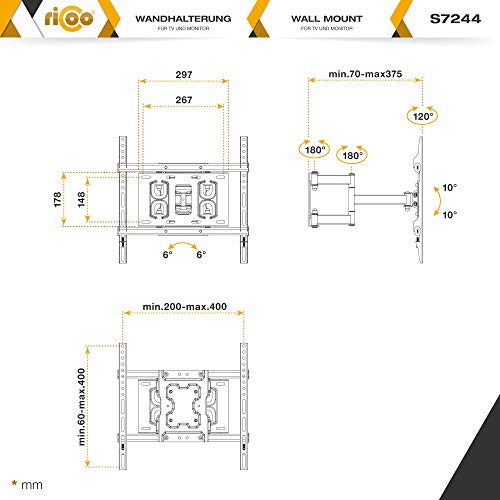 RICOO S7244, Soporte TV Pared, Giratorio, Inclinable, Televisión 32-65" (81-165cm) Brazo Universal, Televisor LED/LCD/Curvo, VESA 200x200-400x400