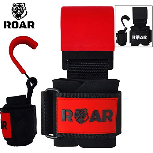 Roar® Ganchos de Metal para Levantamiento de Peso con Parra, Agarres para Gym, Agarraderas Gimnasio, Agarre Gimnasio, Correas de Agarre Gimnasio, Weightlifting Hooks, Straps (Rojo)