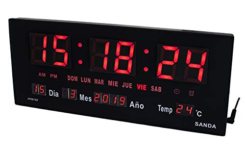 Sanda SD-0015 Reloj Digital de Pared y Mesa Led Color Rojo Calendario Termometro Alarma Despertador Clock Hora Fuente de Alimentacion