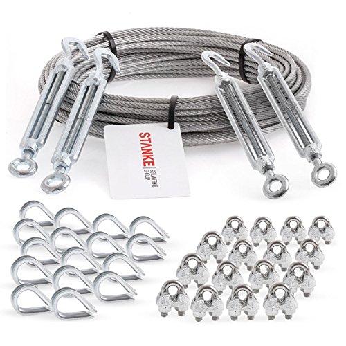 Seilwerk STANKE Cuerda de acero galvanizado 20m, Cuerda de acero con diámetro 5mm 6x7, 4x tensor gancho-ojo M8, 16x guardacabo, 16x abrazadera - SET 6