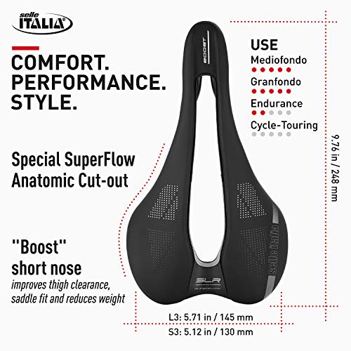 Selle Italia - Sillìn Bicicleta de Carretera SLR Boost TM Superflow, Rail Manganese Tubo Ø7, Sillìn Corto Road Perfomance Soft-tek, Comfort