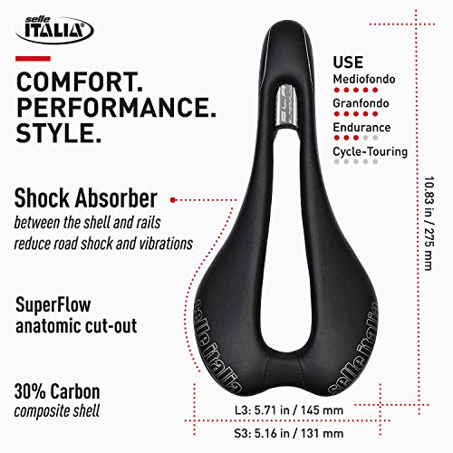 Selle Italia - Sillìn Bicicleta de Carretera SLR SuperFlow, Rail TI 316 Tubo Ø7, Sillìn Road Perfomance Fibra-tek Ligero, Comfort