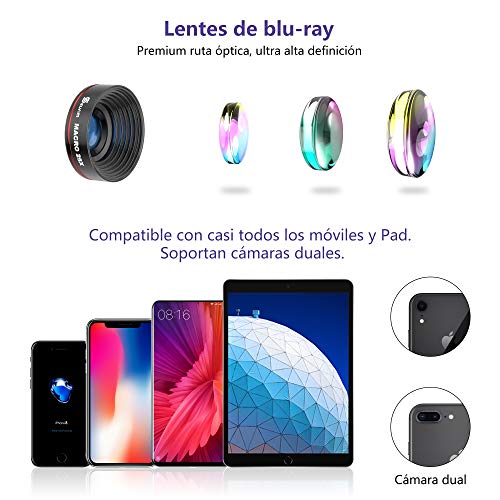 Selvim Lentes para Teléfono Móvil, Kit con 22X Teleobjetivo, 235° Fisheye, 0.62X Gran Angular, 25X Macro, Versión Actualizada con Lentes BLU-Ray para Mejor Resolución, Compatibilidad Universal