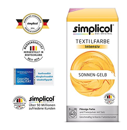 Simplicol Kit de Tinte Textile Dye Intensive Amarillo: Colorante para Teñir Ropa, Tejidos y Telas Lavadora, Contiene Fijador para Colorante Líquido, Anti Alérgeno, No Destiñe, Seguro para su Lavadora