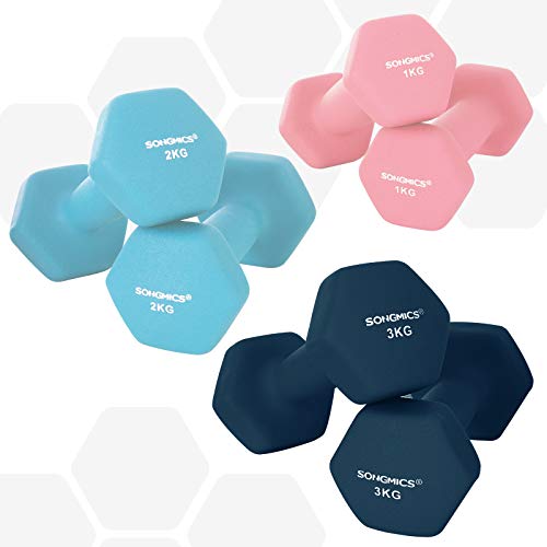 SONGMICS Juego de Mancuernas Hexagonales con Soporte - 2 x 1 kg, 2 x 2 kg, 2 x 3 kg, Neopreno con Acabado Mate, Pesas para Gimnasio en Casa, Rosado, Agua y Azul SYL612MK