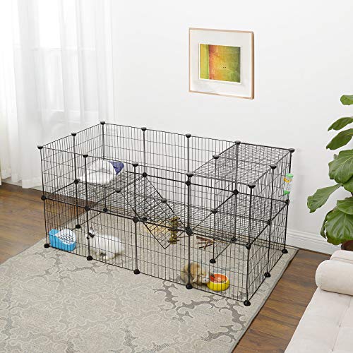 SONGMICS Valla para Paqueños Animales, Jaula de Malla metálica Ajustable, Valla con 2 Niveles, Recinto Flexible, Martillo de Goma Incluido, Montaje DIY, 143 x 73 x 71 cm, Negro LPI02H