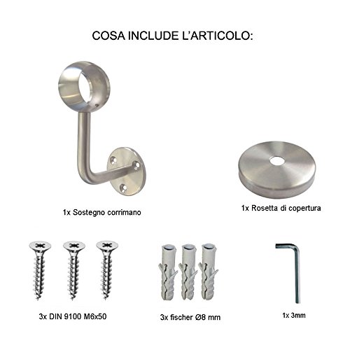 Soporte de anillo para pasamanos inoxidable AISI 304 – fornito completo de roseta y tornillos para instalación