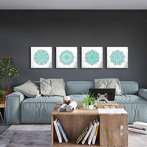 SUMGAR Impresiones en Lienzo Verde Azulado Mandala Mural Wall Art Boho Ilustraciones Turquesa Flower Impresiones en Lienzo Cuadros Florales Indios para Dormitorio baño Sala de Estar 30x30cmx4 Piezas