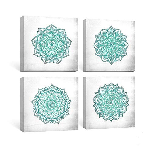 SUMGAR Impresiones en Lienzo Verde Azulado Mandala Mural Wall Art Boho Ilustraciones Turquesa Flower Impresiones en Lienzo Cuadros Florales Indios para Dormitorio baño Sala de Estar 30x30cmx4 Piezas