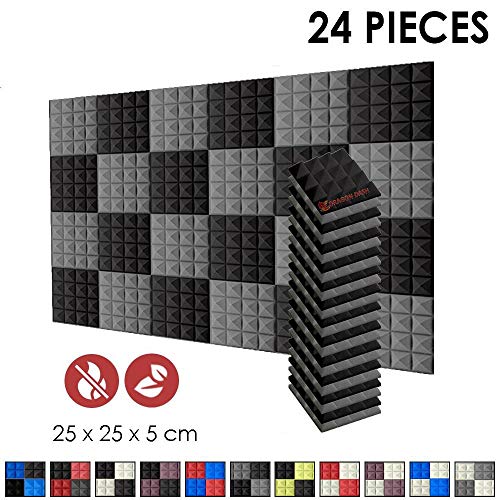 Super Dash 24 Unidades de 25 X 25 X 5cm Insonorización Pirámide Espuma Absorción Aislamiento Acústica Paneles Tratamiento Conjunto SD1034 (NEGRO & GRIS)