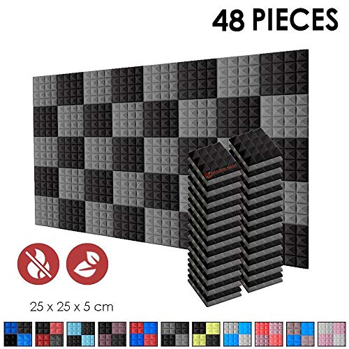 Super Dash 48 Unidades de 25 X 25 X 5cm Insonorización Pirámide Espuma Absorción Aislamiento Acústica Paneles Tratamiento Conjunto SD1034 (NEGRO & GRIS)