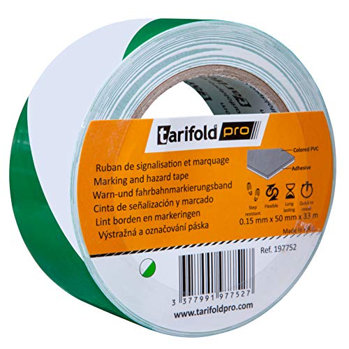 Tarifold 1 Cinta Adhesiva Suelo, Señalización, Seguridad, color Verde y Blanco-Rollo 50mm x 33m, 50 mm x 33 M