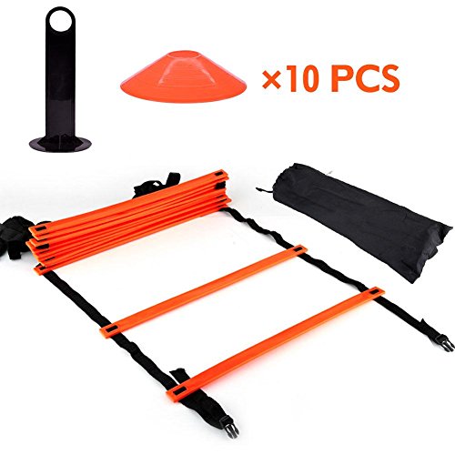 Tbest Equipo de Entrenamiento de Velocidad, Kit de Entrenamiento de Agilidad de Velocidad, Escalera Plana de 19 pies + 10 Piezas de Conos de Disco para Entrenamiento atlético(Naranja)