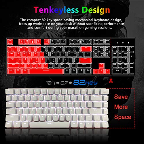 Teclado mecánico, AK33 Teclado mecánico para juegos con cable USB retroiluminado con LED blanco, Teclado compacto para juegos de 82 teclas con teclas anti-efecto fantasma(Interruptor rojo, blanco)