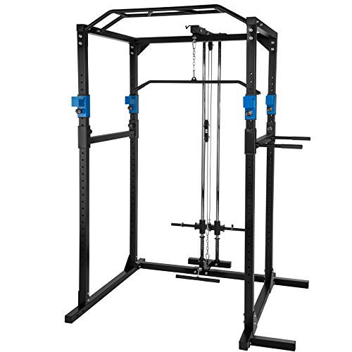 TecTake Multiestación de Fitness para Entrenamiento | 2 puntales de Seguridad macizos | Poleas para Barras de Flexiones Inferiores y Superiores Modelos (Azul Negro Lat | No. 402598)