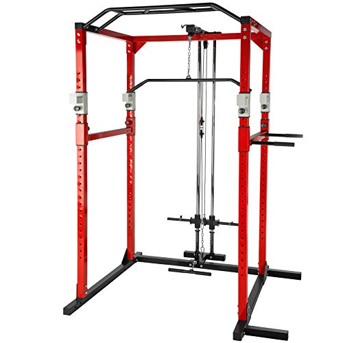 TecTake Multiestación de Fitness para Entrenamiento | 2 puntales de Seguridad macizos | Poleas para Barras de Flexiones Inferiores y Superiores Modelos (Rojo Negro Lat | No. 402738)