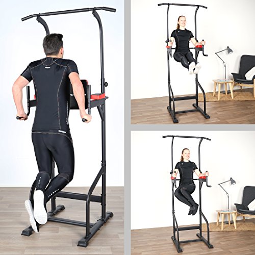 Ultrasport Power Tower Estación Multifuncional de Entrenamiento, Torre de Musculación y Fitness, Dip Station, Barra de Dominadas, Asas para Flexiones, Tamaño Regulable, Negro, 83 x 65 x 190-230 cm