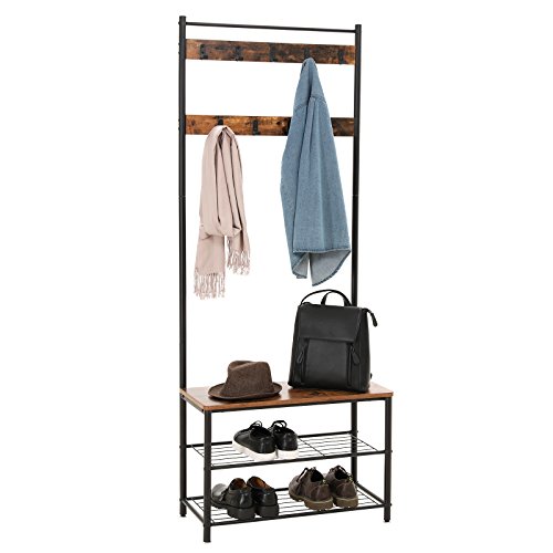 VASAGLE Perchero de Estilo Industrial, Perchero con Zapatero, Perchero con Banqueta para Pasillo, Organizador de Ropa con Ganchos, Marco de Metal Mate, 70 x 32 x 175 cm (Largo x Ancho x Alto) HSR41BX