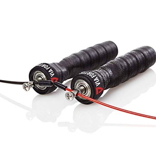 VIA FORTIS Comba (con pesos – Speed Rope para calist henics, Crossfit, cajas y fitness – con rodamiento de bolas, 2 cuerdas de acero y funda – para todos los tamaños Cuerpo (Longitud Ajustable)