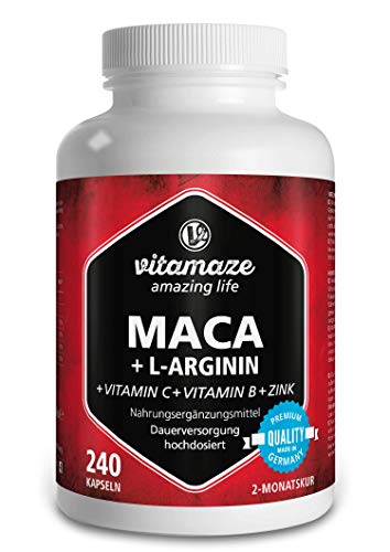 Vitamaze® Maca Pura Cápsulas de Alta Dosis 4000 mg + L-Arginina + Vitaminas + Zinc, 240 Cápsulas por 2 Meses, Maca Peruana de los Andina, sin Aditivos Innecesarios, Calidad Alemana