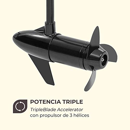 Waldbeck Barracuda - Motor fueraborda eléctrico, Acelerador TripleBlade, 5 Marchas hacia Delante, 2 Marchas hacia atrás, Inclinable 90°, Altura Regulable 5-70 cm, 12 V, 50 lbs (222,5 N), Negro