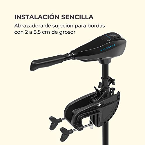 Waldbeck Barracuda - Motor fueraborda eléctrico, Acelerador TripleBlade, 5 Marchas hacia Delante, 2 Marchas hacia atrás, Inclinable 90°, Altura Regulable 5-70 cm, 12 V, 50 lbs (222,5 N), Negro