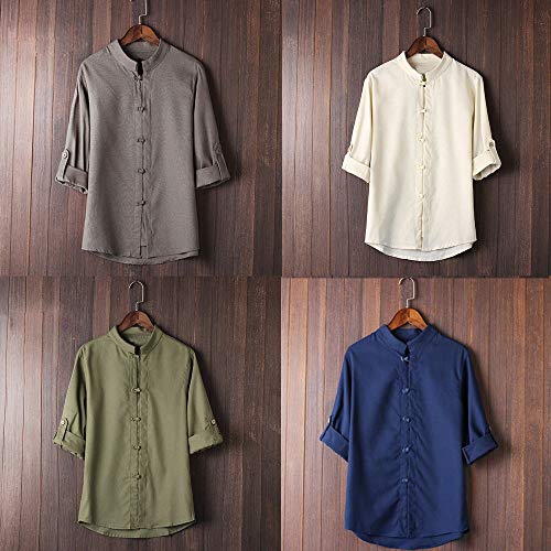 waotier Hombres Camisa CláSica De Estilo Chino De Kung Fu Tang Traje 3/4 Blusa De Lino De Manga Hebilla Especial De Hombre De Color