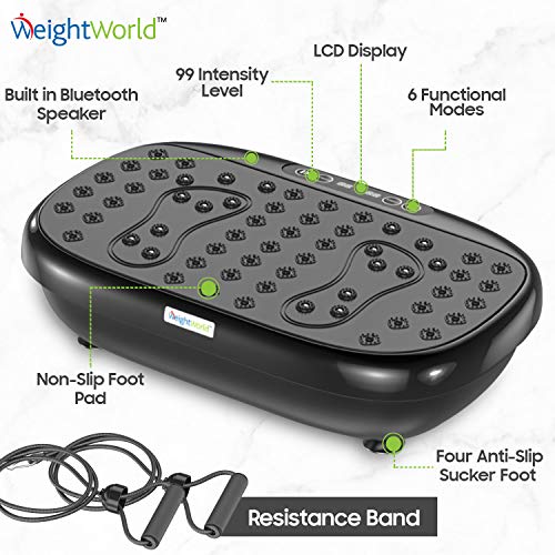 WeightWorld Plataforma Vibratoria 3D para Adelgazar y Relajar Músculos - Máquina de Ejercicio, Entrenamiento en Casa, Mejora Circulación, Altavoces Bluetooth, Bandas de Resistencia, 99 Niveles