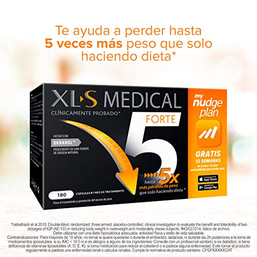 XLS Medical Forte 5 Nudge | Captagrasas | Pierde hasta 5 veces más peso que solo haciendo dieta | Perder Peso | Origen Natural 100% Vegano | 180 Cápsulas, 1 mes