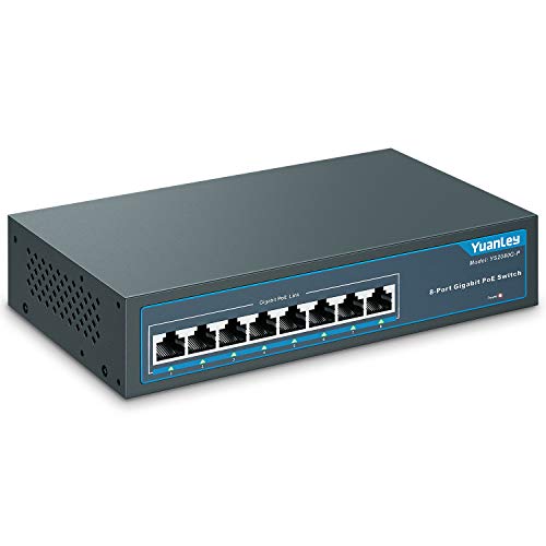 YuanLey 8 Port Gigabit PoE Switch, 8 PoE+ Port 1000Mbps, 120W 802.3af/at, Metal sin Ventilador Plug and Play no Administrado