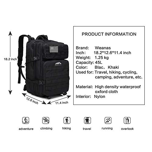 ZEHNHASE Mochila Táctica Impermeable 45L Gran Capacidad Nylon 600D Múltiples Bolsillos para Senderismo Acampada, Montañismo, Caza, Aire Libre Ciclismo y más (Negro)