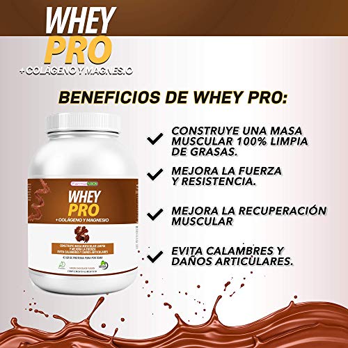 100% Whey Protein con Colágeno y Magnesio | 43Gr. de Proteína Pura por toma 0% Azúcares | Aumenta el crecimiento muscular y tonifica los músculos | Protege y lubrica Articulaciones | 1000g (Chocolate)