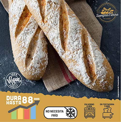 12 x Baguettes de Pan SiempreTierno 110 grs (1320 grs total) · Dura hasta 88 días sin necesitad de frio ni congelación · Ideal para cualquier momento · Embolsadas en Atmosfera Protectora .