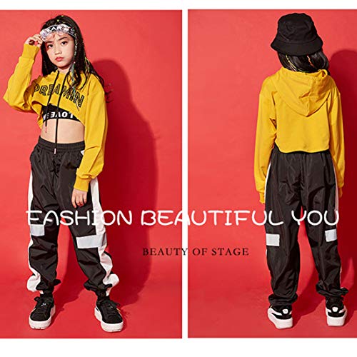 3Pcs Girls Hip Hop Dance Costume Niños Street Dance Clothes Set Sudadera Corta con Capucha, Camiseta sin Mangas, Pantalones Reflectantes