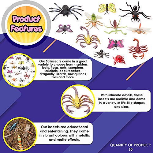 50 Figuras de Insectos Bichos de Plástico Juguetes para Niños| No Tóxico, Formas y Tamaños Realistas| Mariposa Arañas Hormigas Orugas Libélula, etc| Educativo Regalo Fiesta Cumpleaños.